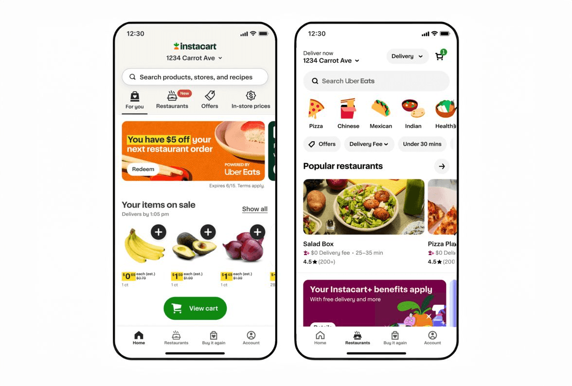 Print do aplicativo Instacart com opções para alimentos e comidas de restaurantes