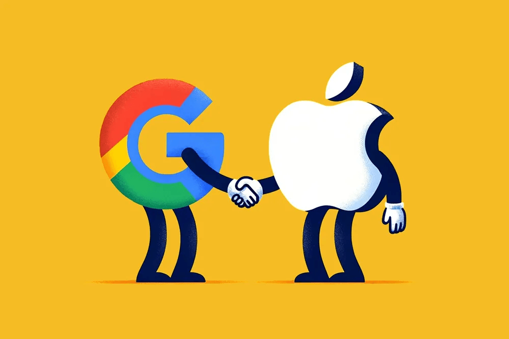 Arte de Google e Apple como se fossem pessoas se cumprimentando