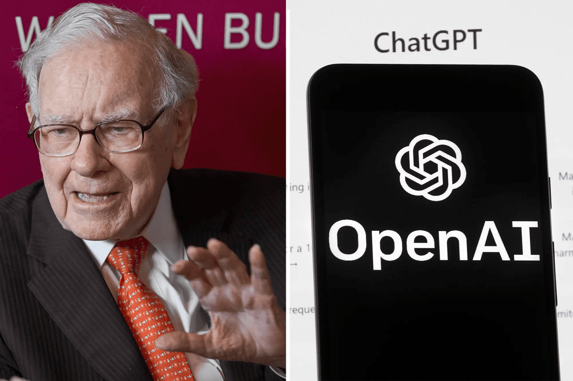 Montagem com foto de Warren Buffett e ao lado um celular com ferramenta OpenAI